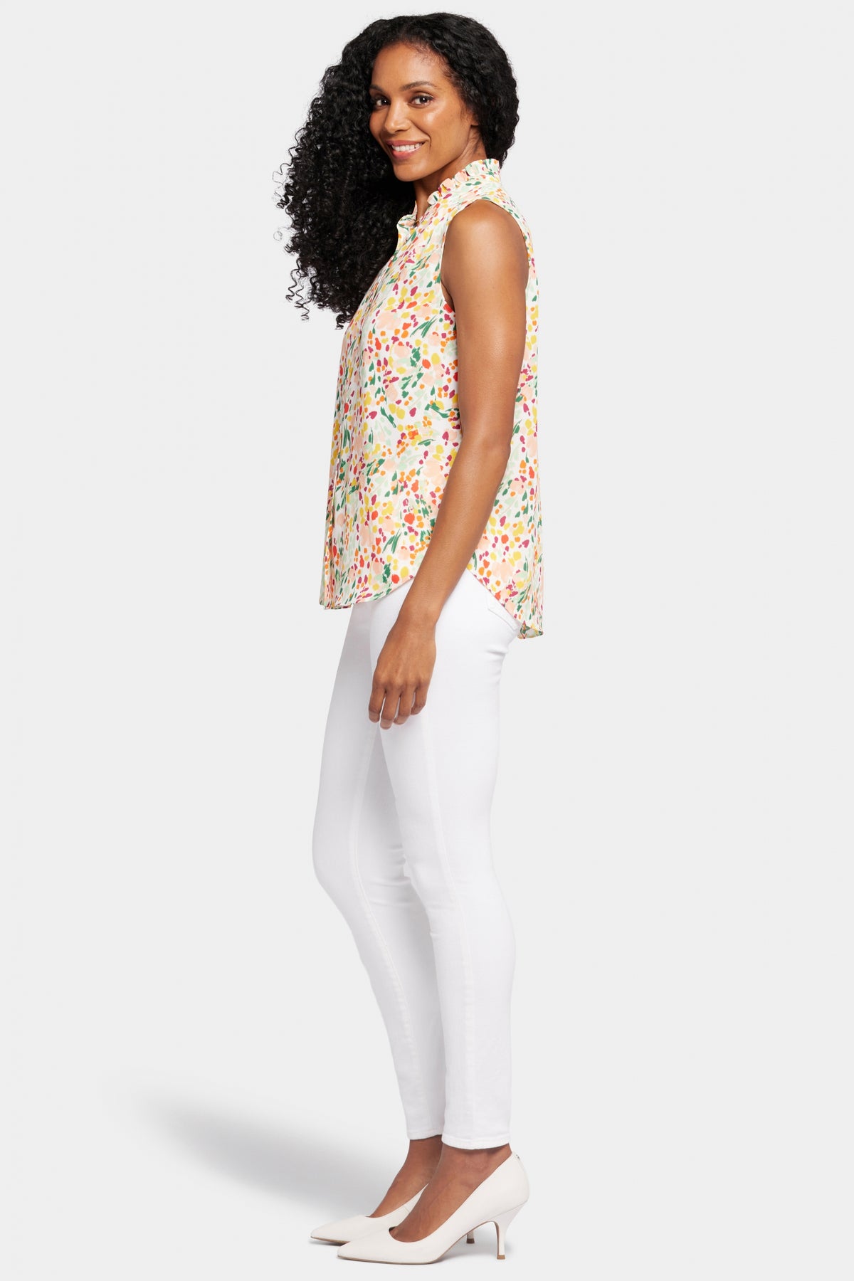 Sleeveless Ruffle Neck Blouse Abstract Floral Print | Veronica Springs | Blouse | NYDJ