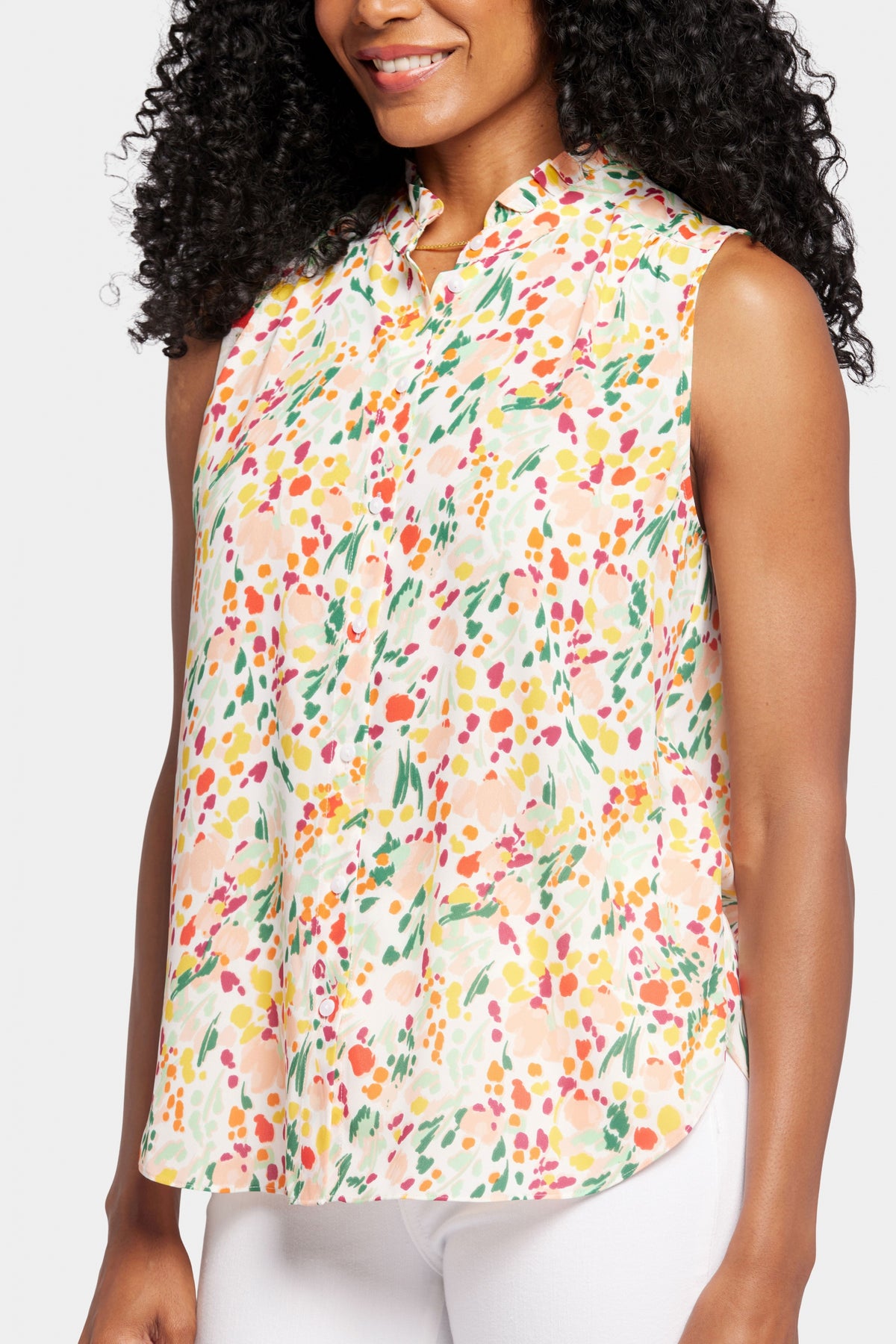 Sleeveless Ruffle Neck Blouse Abstract Floral Print | Veronica Springs | Blouse | NYDJ