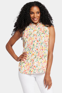 Sleeveless Ruffle Neck Blouse Abstract Floral Print | Veronica Springs | Blouse | NYDJ
