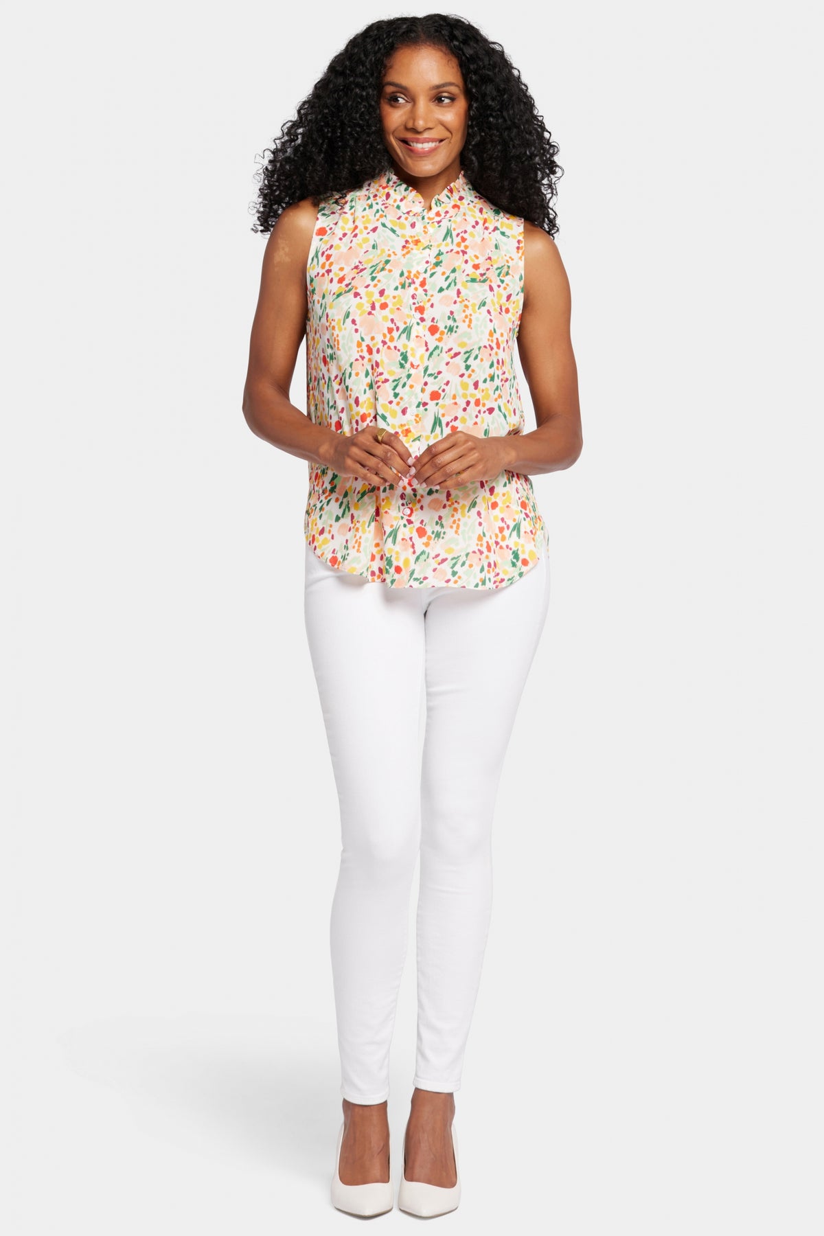 Sleeveless Ruffle Neck Blouse Abstract Floral Print | Veronica Springs | Blouse | NYDJ