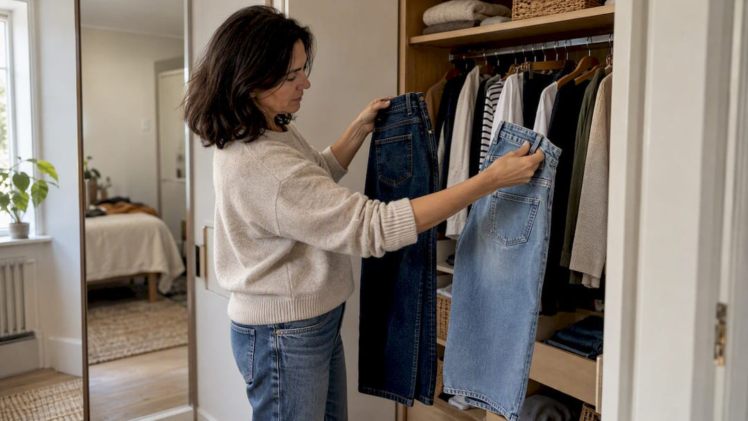 Vrouw die jeans in haar kledingkast vergelijkt