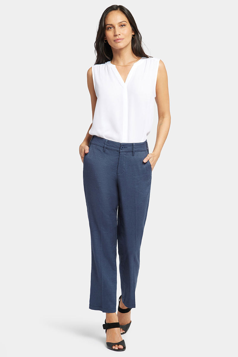 Straight Leg Ankle Trouser Dark Blue Stretch Linen | Oxford Navy | Pants | NYDJ