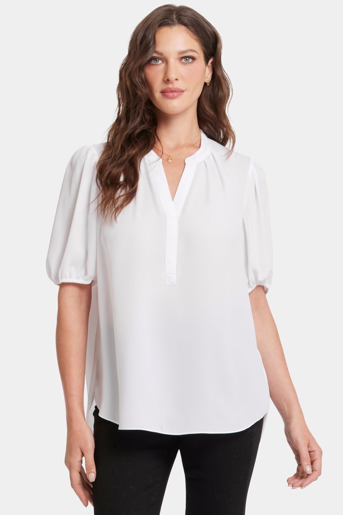 Short Puff Sleeved Popover Top | Optic White | Blouse | NYDJ