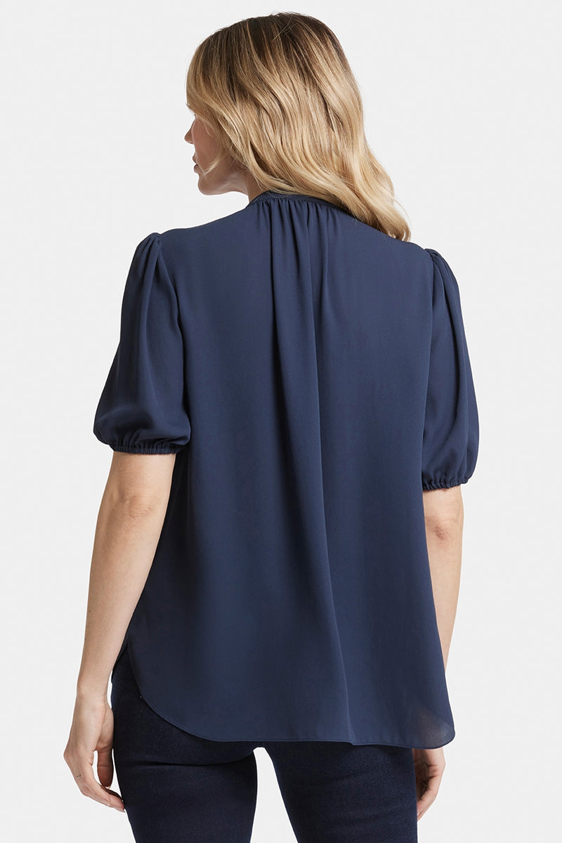 Short Puff Sleeved Popover Top | Oxford Navy | Blouse | NYDJ