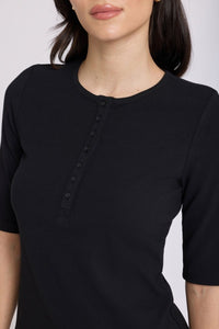 Ribbed Elbow Sleeved Henley | Black | Top | NYDJ