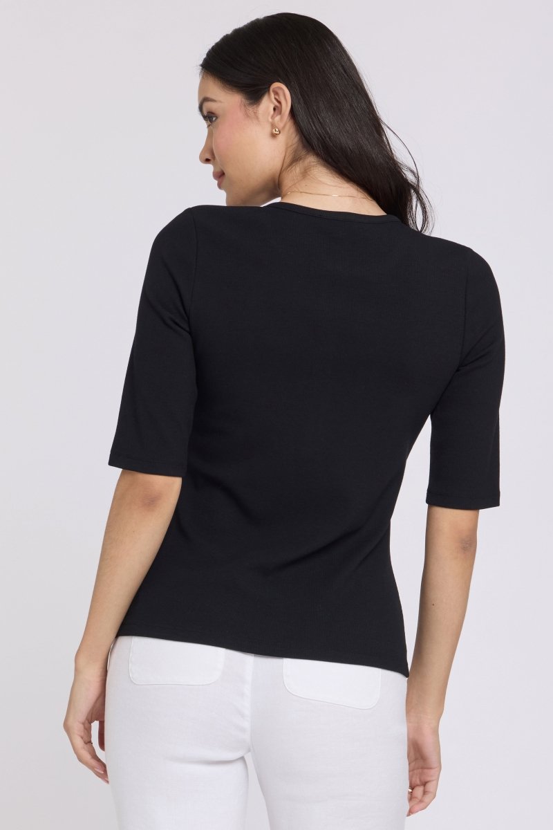 Ribbed Elbow Sleeved Henley | Black | Top | NYDJ