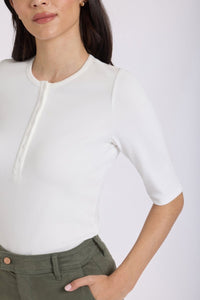 Ribbed Elbow Sleeved Henley | Optic White | Top | NYDJ
