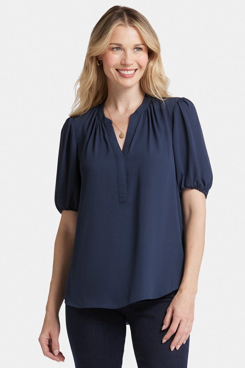 Short Puff Sleeve Top | Oxford Navy | Blouse | NYDJ