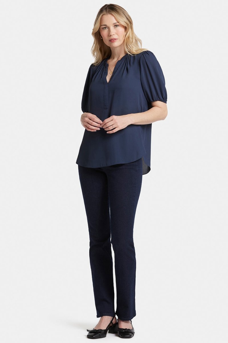 Short Puff Sleeve Top | Oxford Navy | Blouse | NYDJ