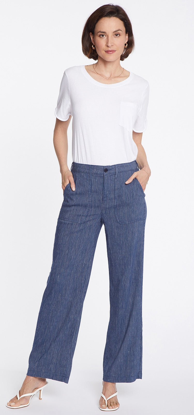 High Waisted Wide Leg Ankle Trouser Striped Stretch Linen | Agua Stripe | Pants | NYDJ